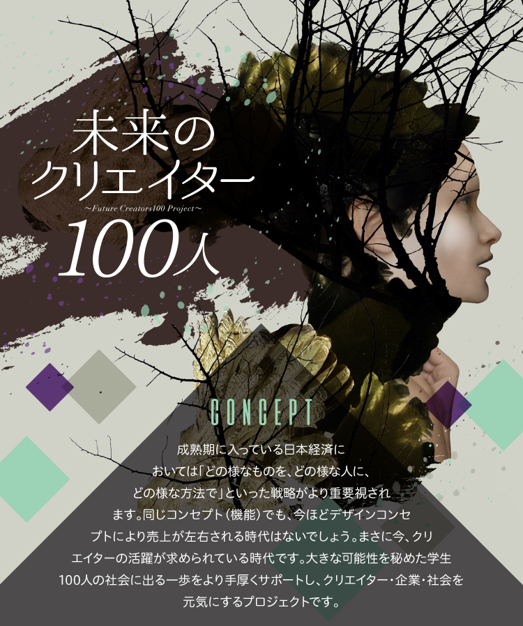 CONCEPT 大きな可能性を秘めた学生100人の社会に出る一歩を手厚くサポートし、クリエイター・企業・社会を元気にするプロジェクトです。