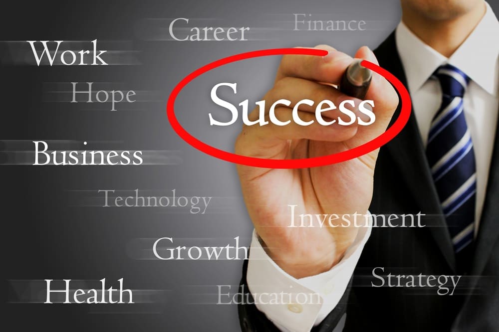 「Success」という単語を赤ペンで囲んでいる男性ビジネスマン