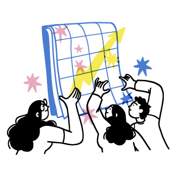 チームで協力して右肩上がりのグラフを持ち上げているイラスト