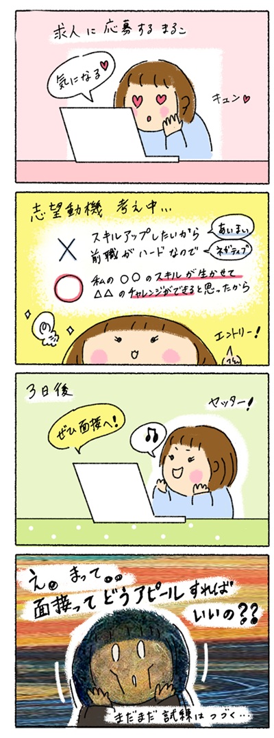 「まるこさん」という女性キャラの4コママンガ、志望動機を考え面接に進むがどうPRしたらいいか悩んでいる