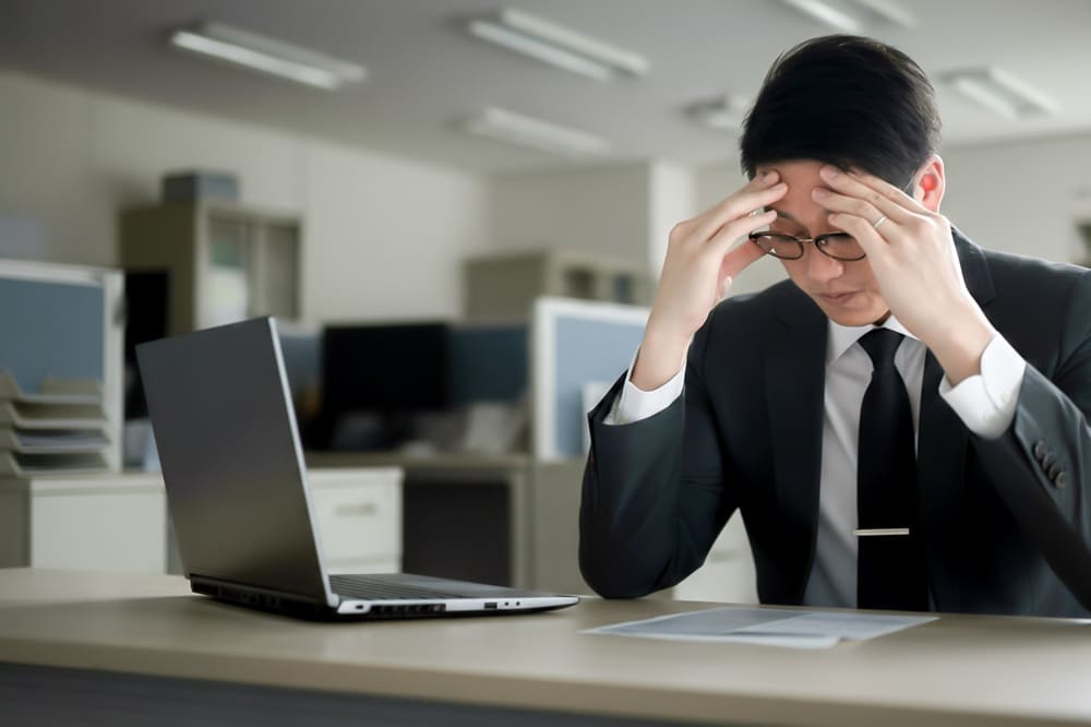 オフィスでノートPCと書類を前に両手で頭を抱えているスーツを着た眼鏡の男性